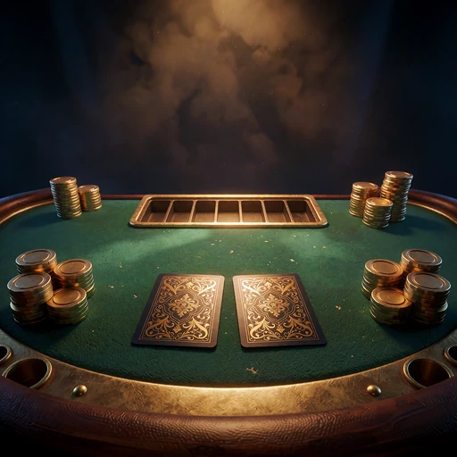 Zielony st&oacute;ł blackjacka ze złotymi żetonami i kartami rewersem do g&oacute;ry - blackjack online na żywo