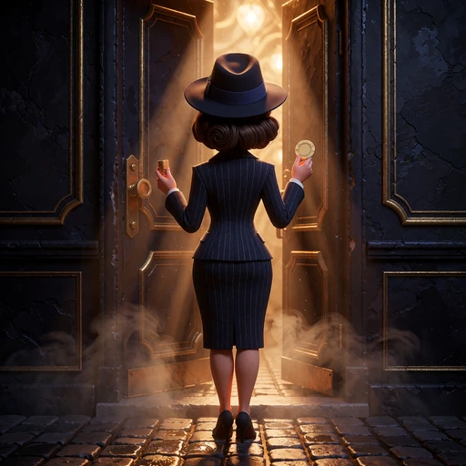 Kresk&oacute;wkowy mafioso w prążkowanym garniturze przy drzwiach speakeasy ze złotym żetonem - slot noir