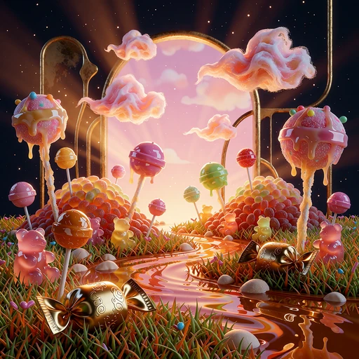 Cukierkowa kraina z lizakowymi drzewami i karmelową rzeką - motyw slotu w stylu Sweet Bonanza