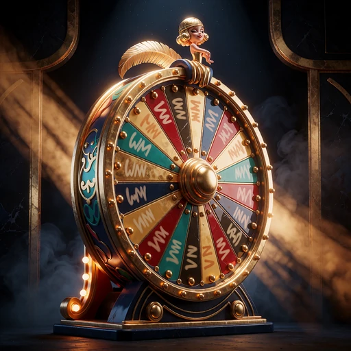 Duże koło fortuny ze złotymi, turkusowymi i karmazynowymi polami - game show w kasynie na żywo