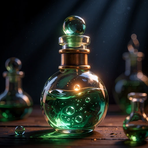 Kolba alchemika ze świecącą szmaragdową miksturą - tajemniczy motyw automatu w 777 kasynie